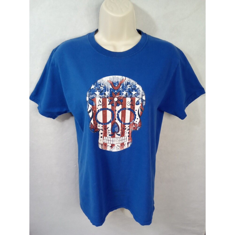 Fruit Of The Loom women Small blue Tee Shirt‎ Skull American Flag Floral